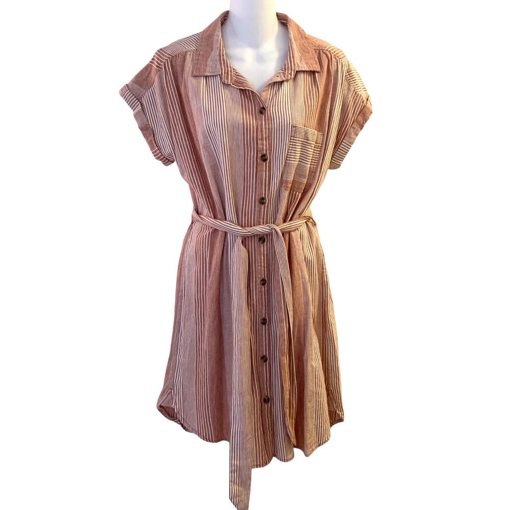 NWT American Eagle Linen Blend Pink Striped Shirt Dress Tie Belt Button Up Mdm